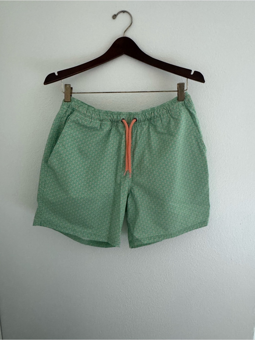 J. Crew Mint Green Scallop Swim Shorts with Coral Drawcord